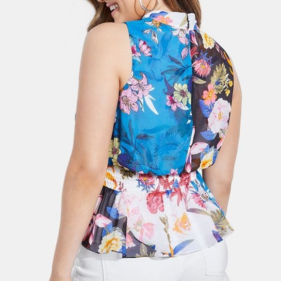 GUESS georgiana floral choker wrap peplum blouse - Picture 2 of 6